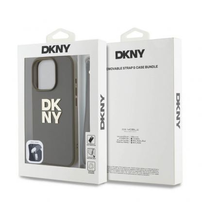 DKNY PU Leather Stack Logo Wrist Strap Case - дизайнерски кожен кейс с връзка за носене за iPhone 16 Pro (тъмнозелен) 5