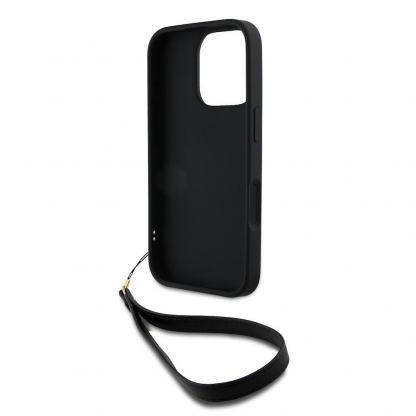 DKNY PU Leather Stack Logo Wrist Strap Case - дизайнерски кожен кейс с връзка за носене за iPhone 16 Pro (черен) 4
