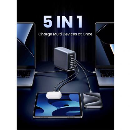 Ugreen Nexode GaN Travel Fast Wall Charger 300W - захранване за ел. мрежа за лаптопи, смартфони и таблети с 4xUSB-C и 1xUSB-A изходи с технология за бързо зареждане (тъмносив) 3