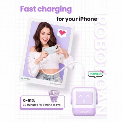 Ugreen Uno GaN Wall Charger 65W - захранване за ел. мрежа с USB-A и 2xUSB-C изходи с технология за бързо зареждане (лилав) 3
