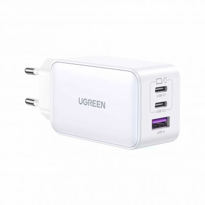 Ugreen GaN Fast Wall Charger 65W PD - захранване за ел. мрежа за лаптопи, смартфони и таблети с USB-A и 2xUSB-C изходи с технология за бързо зареждане (бял) 2