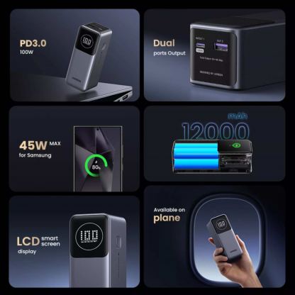 Ugreen Nexode Power Bank 12000 mAh 100W - преносима външна батерия с 1xUSB-C и 1xUSB-A изходи и технология за бързо зареждане (черен) 3