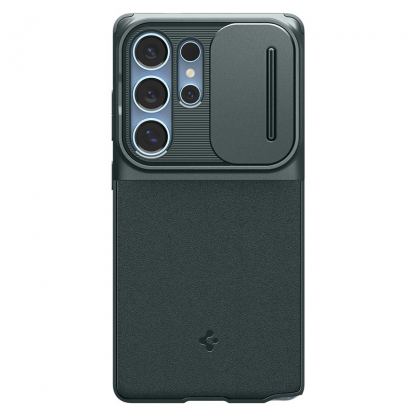 Spigen Optik Armor Case - тънък качествен силиконов (TPU) калъф с капак за камерата за Samsung Galaxy S25 Ultra (зелен) 2