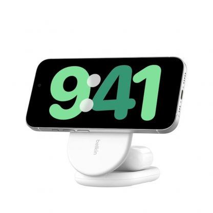 Belkin BoostCharge 2-in-1 Foldable Qi2 Magnetic Wireless Charging Stand - двойна поставка (пад) за безжично зареждане за iPhone с Magsafe и AirPods (бял)	 6