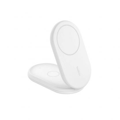 Belkin BoostCharge 2-in-1 Foldable Qi2 Magnetic Wireless Charging Stand - двойна поставка (пад) за безжично зареждане за iPhone с Magsafe и AirPods (бял)	 8