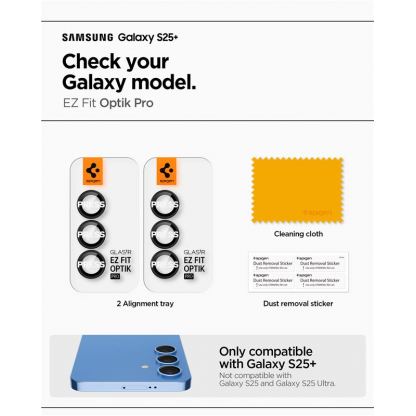 Spigen Glas.tR EZ Fit Optik Pro Lens Protector 2 Pack - 2 комплекта предпазни стъклени лещи за камерата на Samsung Galaxy S25 Plus (черен) 8