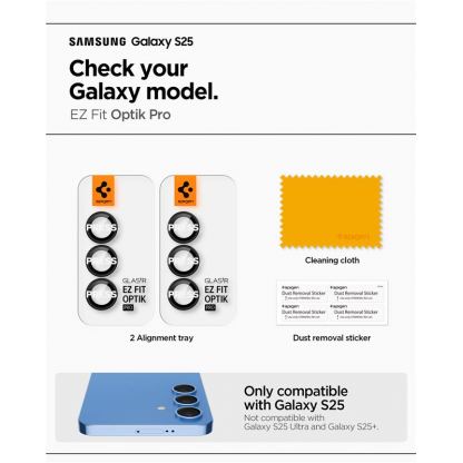 Spigen Glas.tR EZ Fit Optik Pro Lens Protector 2 Pack - 2 комплекта предпазни стъклени лещи за камерата на Samsung Galaxy S25 (черен) 8