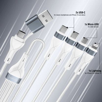 4smarts 4-in-2 Multi-Charging USB Cable - универсален USB-C кабел с Lightning, microUSB и USB-C конектори (25 см) (бял) 8