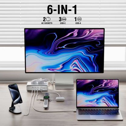 4Smarts Desk Charger GaN 65W with AC Sockets - разклонител с 2xAC контакта и захранване с 3хUSB-C и 1хUSB-A портове за мобилни устройства (бял) 3