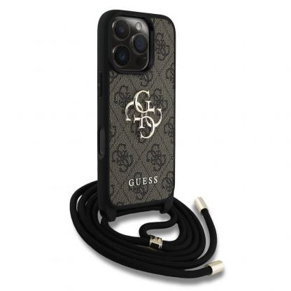 Guess PU 4G Metal Logo Crossbody Strap Case - дизайнерски кожен кейс с връзка за носене през врата за iPhone 16 Pro (кафяв) 3