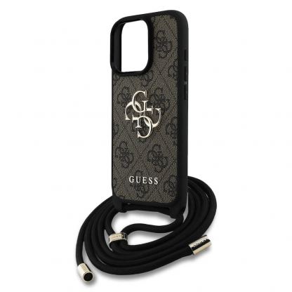 Guess PU 4G Metal Logo Crossbody Strap Case - дизайнерски кожен кейс с връзка за носене през врата за iPhone 16 Pro (кафяв) 4
