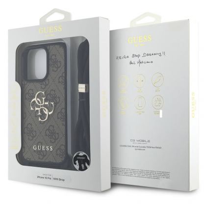 Guess PU 4G Metal Logo Crossbody Strap Case - дизайнерски кожен кейс с връзка за носене през врата за iPhone 16 Pro (кафяв) 6
