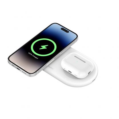 Belkin BoostCharge Pro 2-in-1 Qi2 Magnetic Wireless Charging Pad 15W - двойна поставка (пад) за безжично зареждане за iPhone с Magsafe и AirPods (бял) 3
