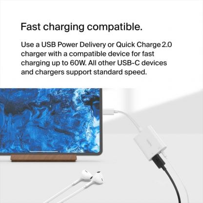 Belkin RockStar 3.5mm Audio + USB-C Charge Adapter V2 - активен адаптер USB-C към 3.5 мм. аудио изход и USB-C изход (бял)  3