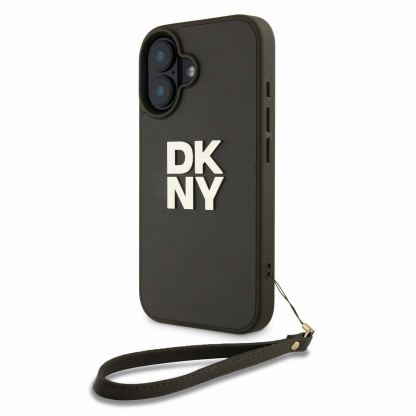 DKNY PU Leather Stack Logo Wrist Strap Case - дизайнерски кожен кейс с връзка за носене за iPhone 16 (тъмнозелен) 2