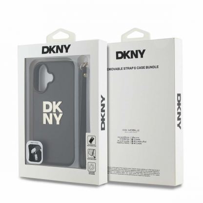 DKNY PU Leather Stack Logo Wrist Strap Case - дизайнерски кожен кейс с връзка за носене за iPhone 16 (тъмнозелен) 5