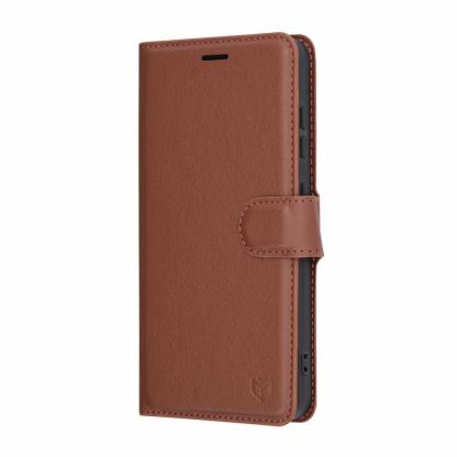 Techsuit Leather Folio - кожен калъф с поставка и отделение за кр. карти за Samsung Galaxy S25 (кафяв) 2