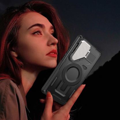 Techsuit CamVault Pro Case - хибриден удароустойчив кейс с вградена поставка и MagSafe за Samsung Galaxy S25 Ultra (черен)  2