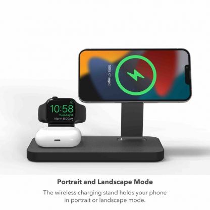 Mophie Snap Plus 3in1 Magnetic MagSafe Wireless Charger - тройна поставка (пад) за безжично зареждане за iPhone с Magsafe, Apple Watch, AirPods Pro и Qi съвместими устройства (черен) 8