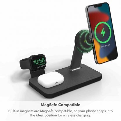 Mophie Snap Plus 3in1 Magnetic MagSafe Wireless Charger - тройна поставка (пад) за безжично зареждане за iPhone с Magsafe, Apple Watch, AirPods Pro и Qi съвместими устройства (черен) 10