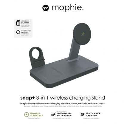 Mophie Snap Plus 3in1 Magnetic MagSafe Wireless Charger - тройна поставка (пад) за безжично зареждане за iPhone с Magsafe, Apple Watch, AirPods Pro и Qi съвместими устройства (черен) 16