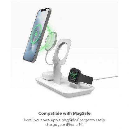 Mophie 3in1 Wireless Stand For Magsafe Charger - тройна поставка (пад) за безжично зареждане за iPhone съвместима с Magsafe захранване, Apple Watch, AirPods и Qi съвместими мобилни устройства (бял) 3