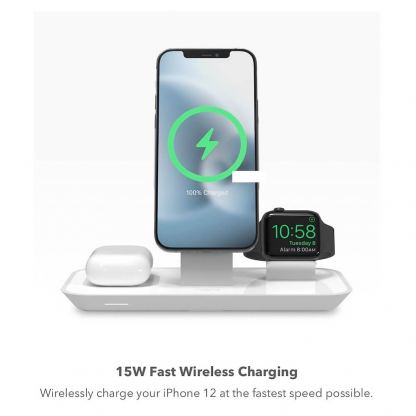 Mophie 3in1 Wireless Stand For Magsafe Charger - тройна поставка (пад) за безжично зареждане за iPhone съвместима с Magsafe захранване, Apple Watch, AirPods и Qi съвместими мобилни устройства (бял) 4