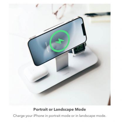 Mophie 3in1 Wireless Stand For Magsafe Charger - тройна поставка (пад) за безжично зареждане за iPhone съвместима с Magsafe захранване, Apple Watch, AirPods и Qi съвместими мобилни устройства (бял) 9