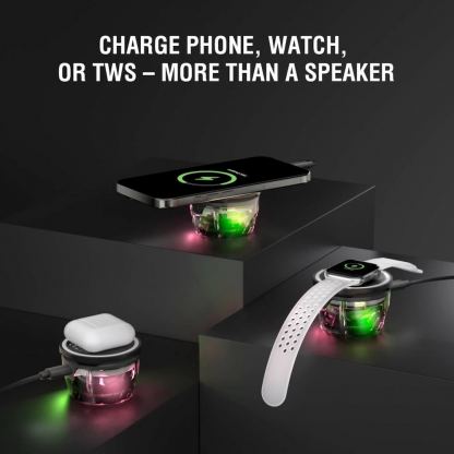 4smarts SoundCharge MagSafe Bluetooth Speaker 5W - портативен безжичен блутут спийкър с MagSafe и поставка (пад) за безжично зареждане за iPhone и мобилни устройства (черен-прозрачен) 4