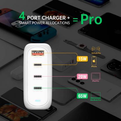 4Smarts GaN Charger Flex Pro 100W Travel Edition - захранване за ел. мрежа за лаптопи, смартфони и таблети с 3xUSB-C и 1xUSB-A изходи с технология за бързо зареждане (бял) 7
