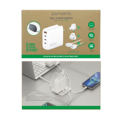 4Smarts GaN Charger Flex Pro 100W Travel Edition - захранване за ел. мрежа за лаптопи, смартфони и таблети с 3xUSB-C и 1xUSB-A изходи с технология за бързо зареждане (бял) 12