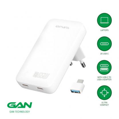 4smarts GaN FlatPlug Slim Duos Wall Charger 65W - захранване за ел. мрежа за мобилни устройства с 2xUSB-C изходи и с технология за бързо зареждане (бял) 2