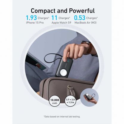 Anker MagGo Power Bank 10000mAh 35W - преносима външна батерия вграден USB-C кабел, USB-C порт и зареждане на Apple Watch (черен)  6