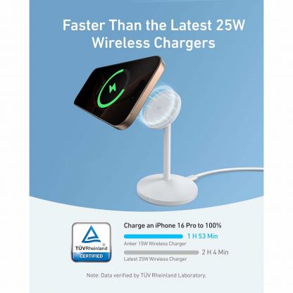 Anker MagGo Qi2 Charger Stand 15W - настолна поставка за безжично зареждане за iPhone с MagSafe и Qi2 съвместими мобилни устройства (бял) 4