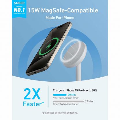 Anker MagGo Qi2 Charger Stand 15W - настолна поставка за безжично зареждане за iPhone с MagSafe и Qi2 съвместими мобилни устройства (бял) 5