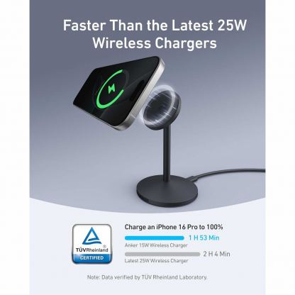 Anker MagGo Qi2 Charger Stand 15W - настолна поставка за безжично зареждане за iPhone с MagSafe и Qi2 съвместими мобилни устройства (черен) 3
