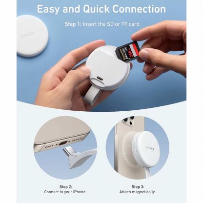 Anker MagGo USB-C Card Reader - четец за microSD и SD карти памет за iPhone с USB-C и MagSafe и други мобилни устройства с USB-C порт (бял) 7