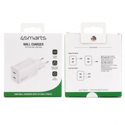 4smarts GaN 2C Wall Charger Dual USB-C 45W - захранване за ел. мрежа с 2xUSB-C PD изходи с технология за бързо зареждане (бял) (bulk)  12