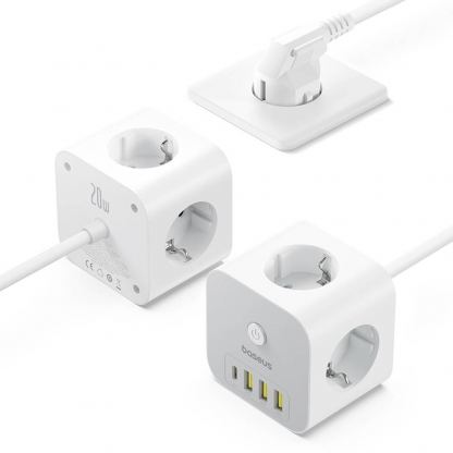 Baseus PowerCombo Wall Power Strip With USB-C Hub 20W - разклонител с 3 изхода и вградени 1хUSB-C и 3хUSB-A изхода за мобилни устройства (бял) 3