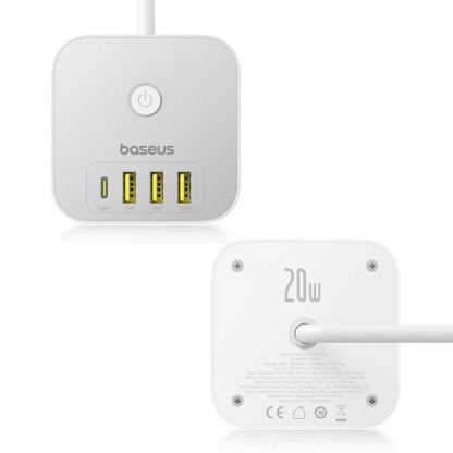 Baseus PowerCombo Wall Power Strip With USB-C Hub 20W - разклонител с 3 изхода и вградени 1хUSB-C и 3хUSB-A изхода за мобилни устройства (бял) 6
