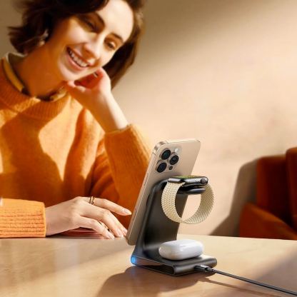 Joyroom 3-in-1 Inductive Wireless Charging Station- сгъваема тройна поставка (пад) за безжично зареждане за iPhone с Magsafe, Apple Watch и AirPods (тъмносив) 4