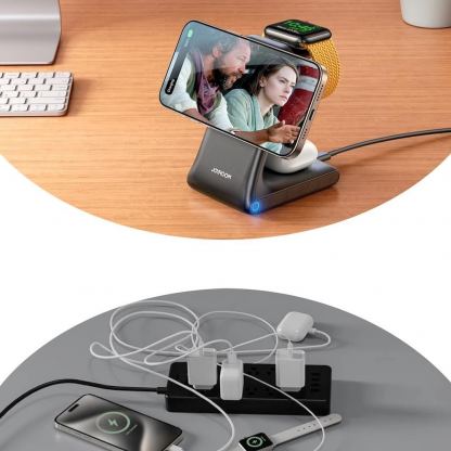 Joyroom 3-in-1 Inductive Wireless Charging Station- сгъваема тройна поставка (пад) за безжично зареждане за iPhone с Magsafe, Apple Watch и AirPods (тъмносив) 5