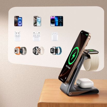 Joyroom 3-in-1 Inductive Wireless Charging Station- сгъваема тройна поставка (пад) за безжично зареждане за iPhone с Magsafe, Apple Watch и AirPods (тъмносив) 6