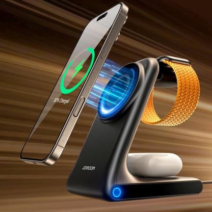 Joyroom 3-in-1 Inductive Wireless Charging Station- сгъваема тройна поставка (пад) за безжично зареждане за iPhone с Magsafe, Apple Watch и AirPods (тъмносив) 9