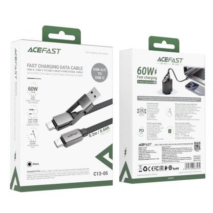 Acefast USB-C to USB-C and USB-A Cable 60W - качествен многофункционален кабел USB-C към USB-C или USB-A (20 см) (черен) 8
