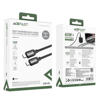 Acefast C20-03 USB-C to USB-C Charging Cable 15W - здрав кабел с въжена оплетка и бързо зареждане за устройства с USB-C порт (120 см) (черен) 5