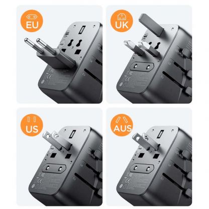 Joyroom Gan Universal World Travel Adapter 65W - захранване с 2xUSB-А и 3xUSB-C изходи и преходници за цял свят в едно устройство за мобилни устройства (черен) 10