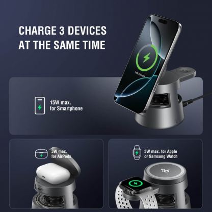 4smarts Qi2 Aura Sound 3-in-1 Charging Station With Bluetooth Speaker - безжичен спийкър с тройна поставка (пад) за безжично зареждане за iPhone с Magsafe и AirPods (тъмносив) 3
