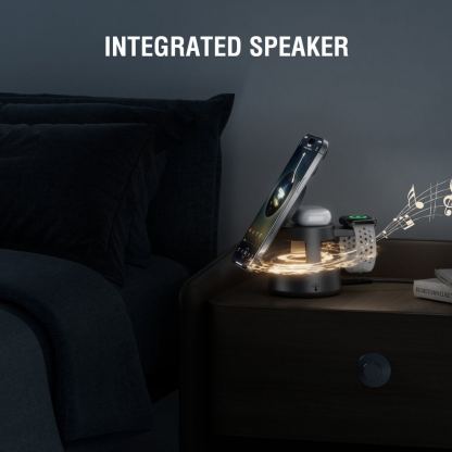 4smarts Qi2 Aura Sound 3-in-1 Charging Station With Bluetooth Speaker - безжичен спийкър с тройна поставка (пад) за безжично зареждане за iPhone с Magsafe и AirPods (тъмносив) 5