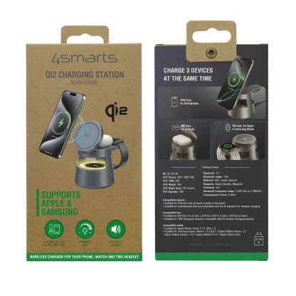 4smarts Qi2 Aura Sound 3-in-1 Charging Station With Bluetooth Speaker - безжичен спийкър с тройна поставка (пад) за безжично зареждане за iPhone с Magsafe и AirPods (тъмносив) 9
